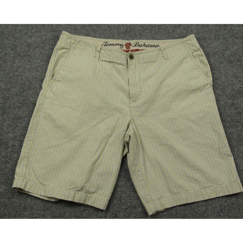Tommy Bahama Shorts Mens 36x10 Yellow Green Blue Striped Cotton Seersucker Beach
